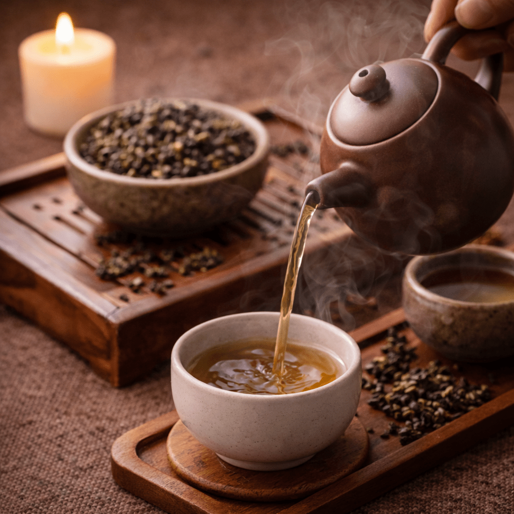 traditional chinese tea brewing with yixing teapot pouring oolong tea into a small cup during a peaceful tea ritual