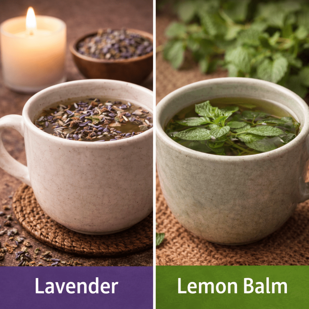 lavender tea and lemon balm tea displayed side by side as relaxing herbal teas for sleep