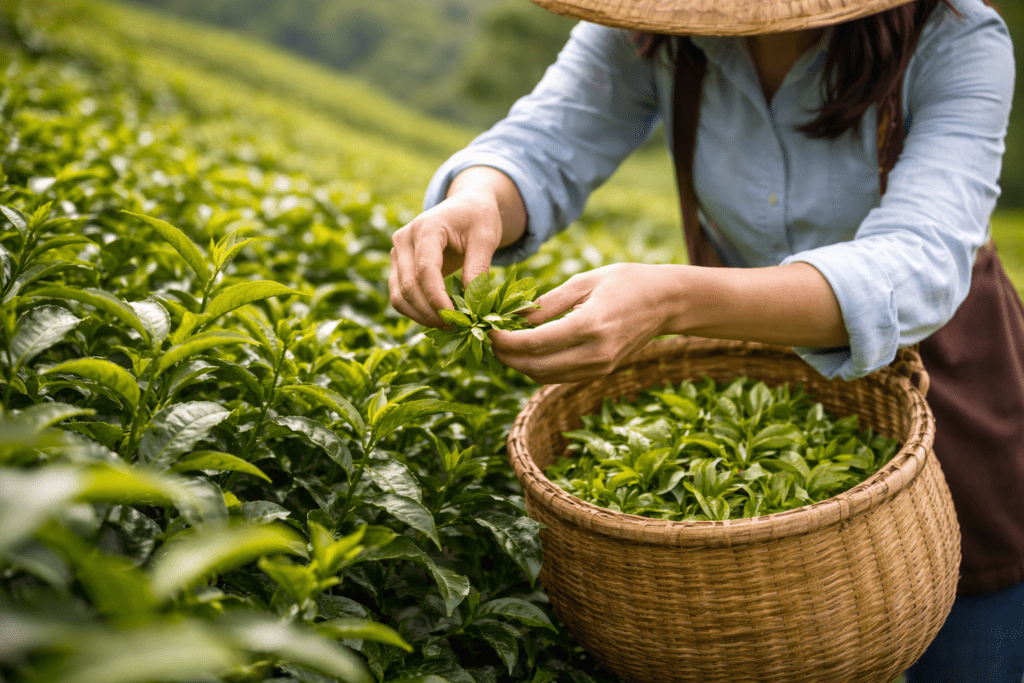 tea farmer harvesting fresh tea leaves in a Chinese mountain tea garden
