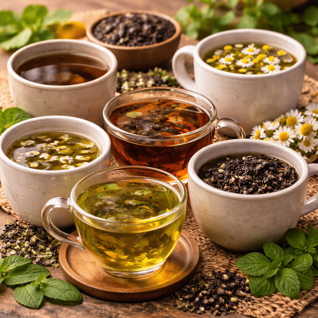 five types of tea including green tea black tea and herbal tea displayed together