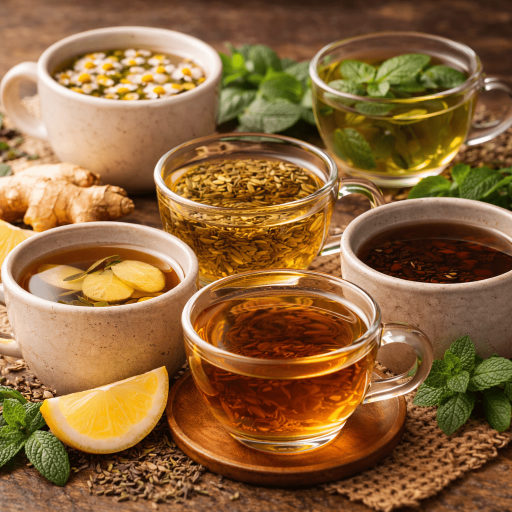variety of herbal teas including chamomile peppermint ginger and fennel used for digestive support