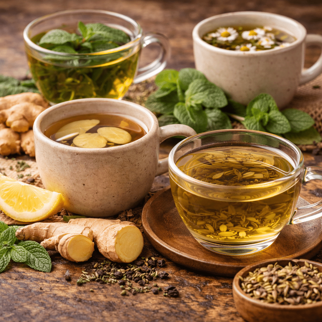 various herbal and traditional teas such as ginger tea peppermint tea and green tea displayed in glass cups with fresh ingredients
