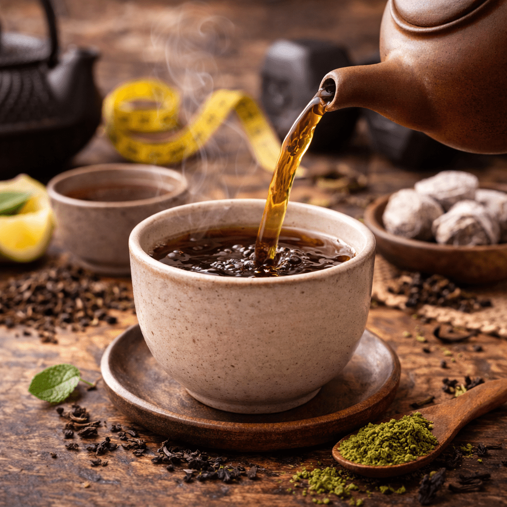 traditional chinese tea pouring scene with yixing teapot and freshly brewed tea in a ceramic cup