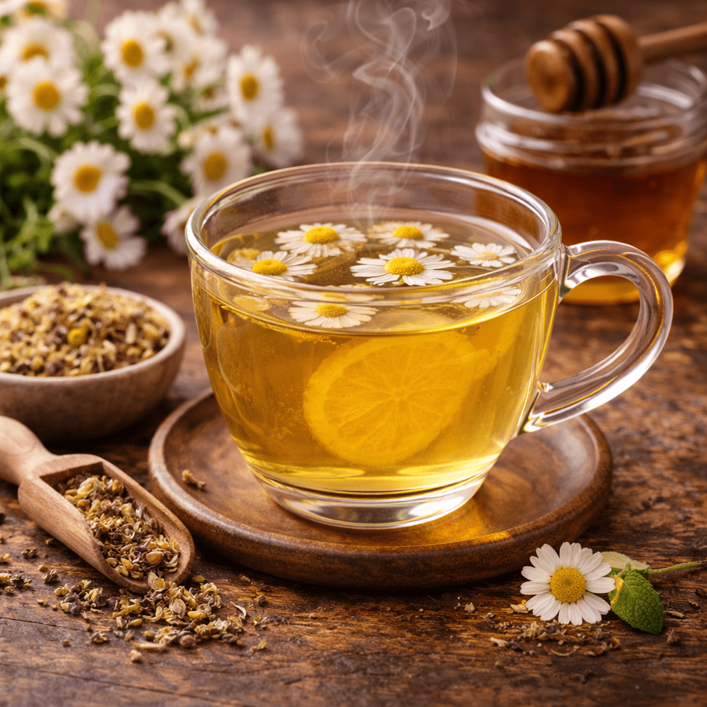 chamomile tea with floating chamomile flowers and honey in a cozy herbal tea setting