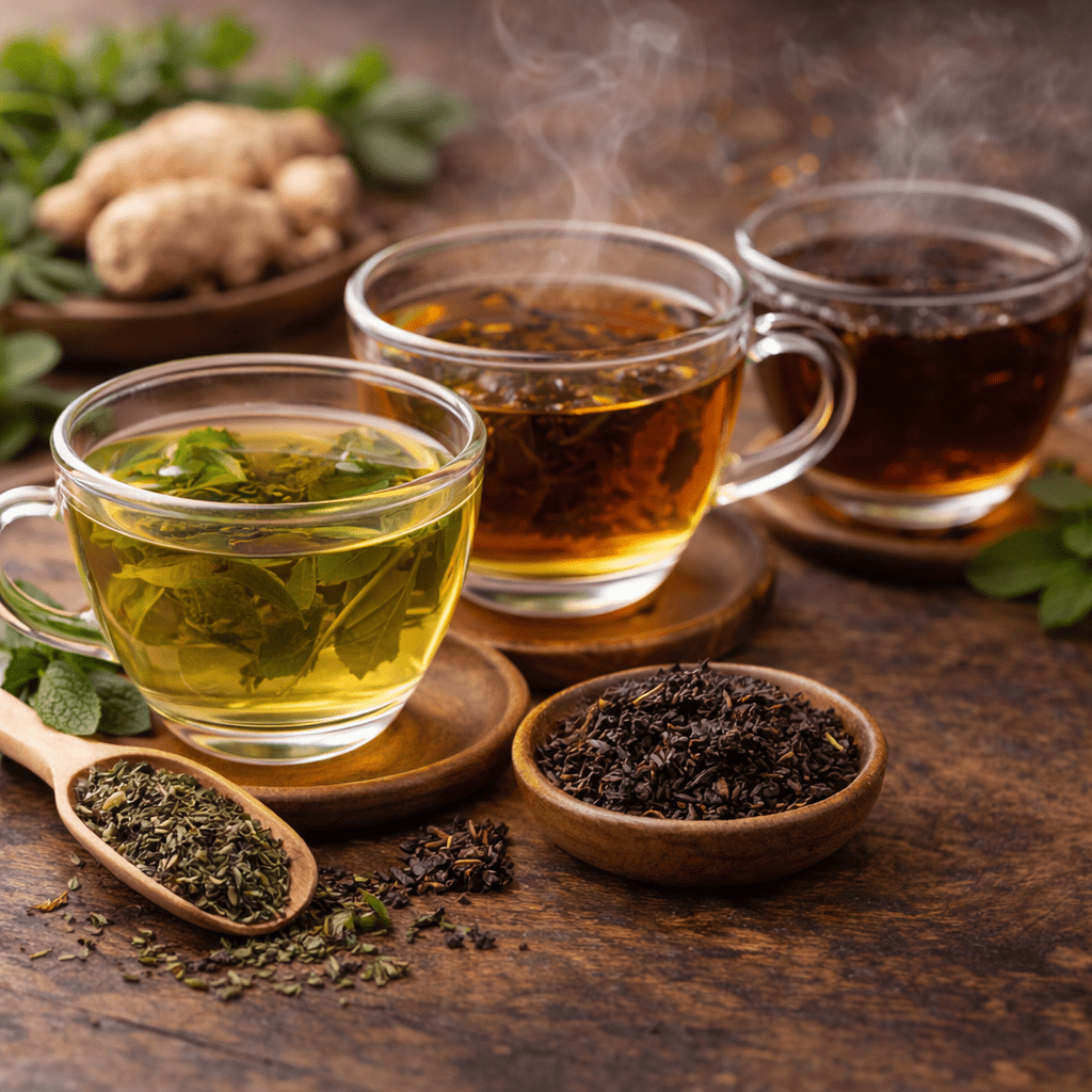green tea oolong tea and pu erh tea with loose leaves on wooden table
