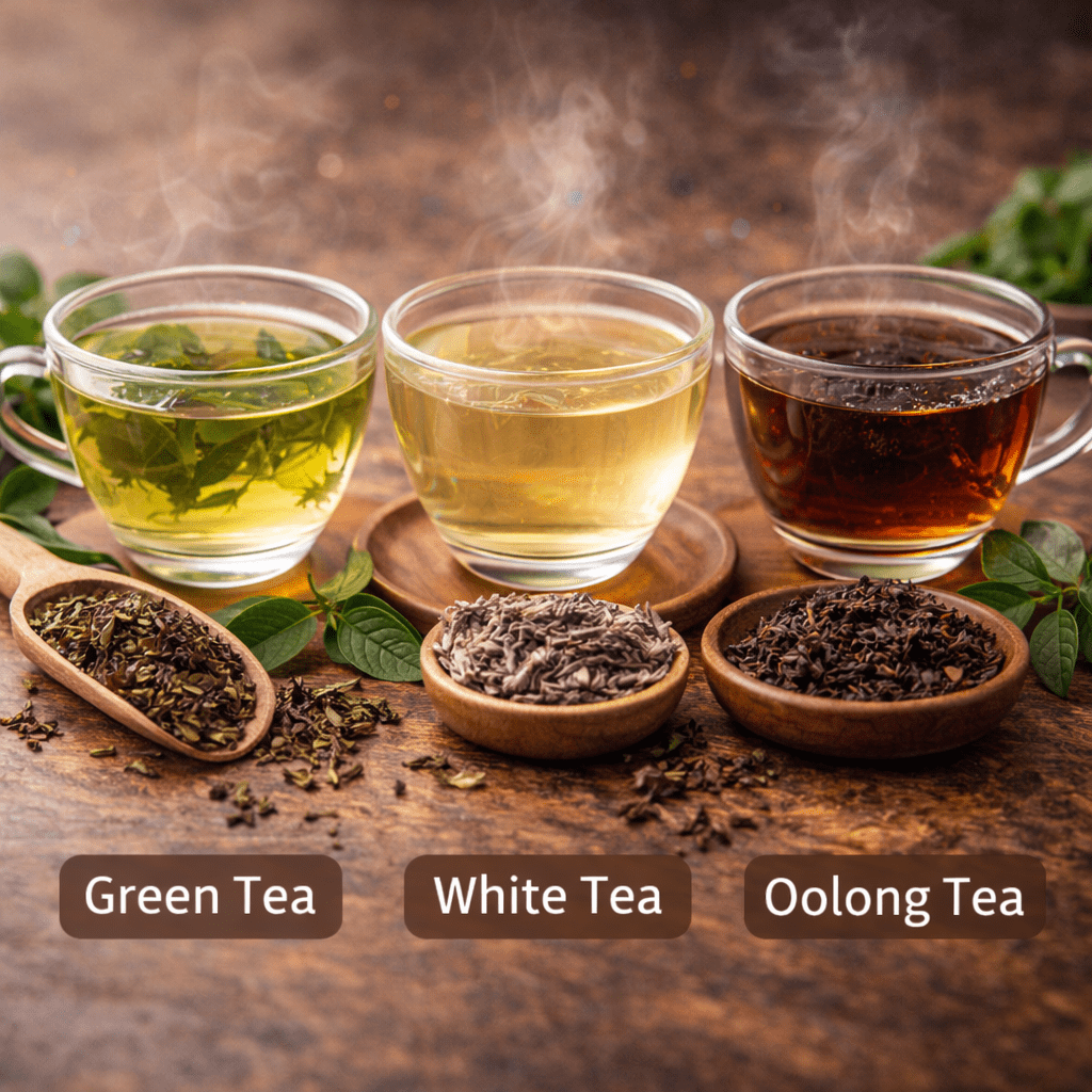 green tea white tea and oolong tea with loose leaves on wooden table