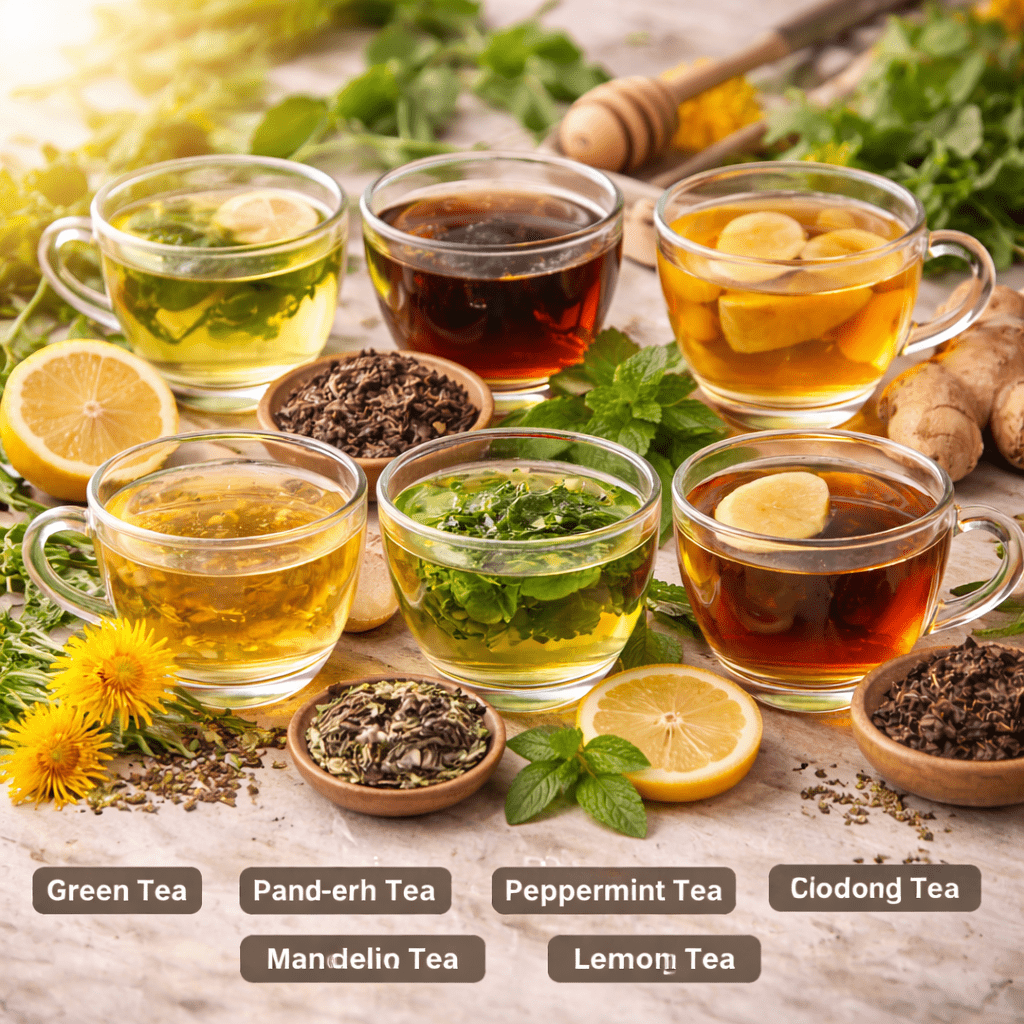 seven detox teas including green tea ginger tea peppermint tea and pu erh tea