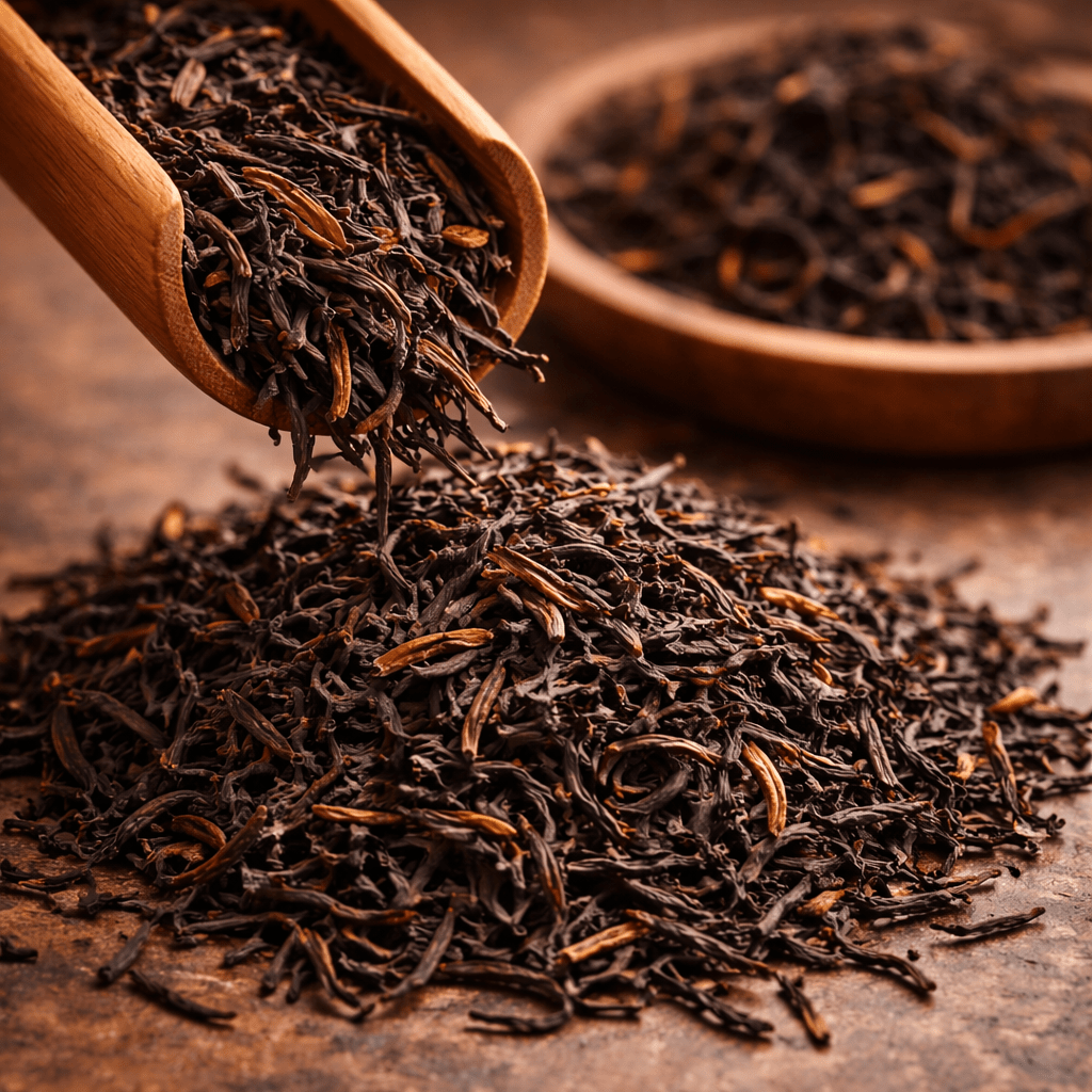 Keemun Chinese black tea leaves with golden tips displayed on a wooden surface
