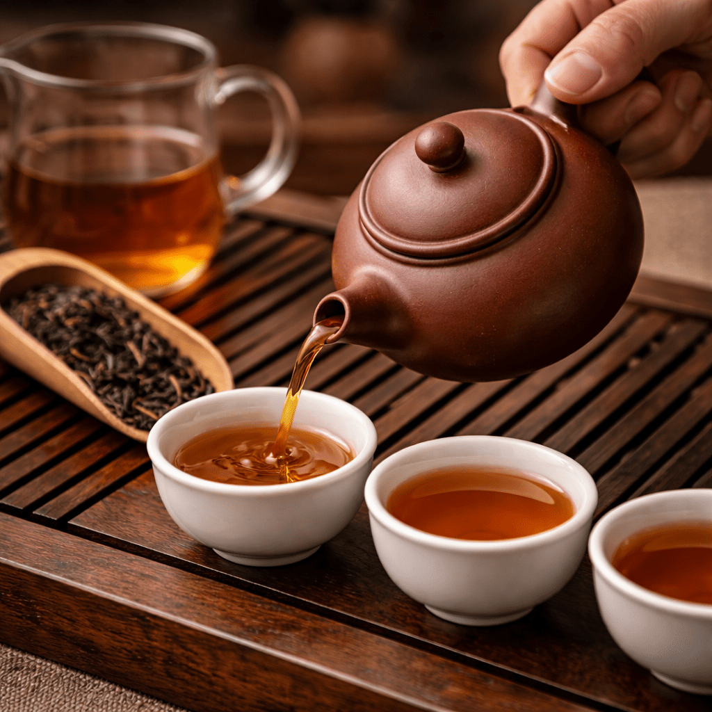 traditional yixing clay teapot pouring tea into small porcelain cups during a chinese tea ceremony