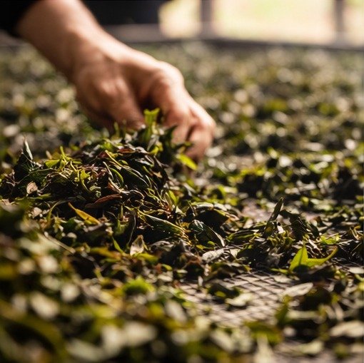 tea leaves being rolled by hand during traditional tea processing