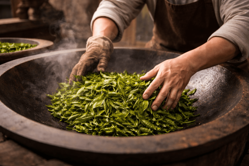 traditional wok pan roasting process used in Chinese tea production