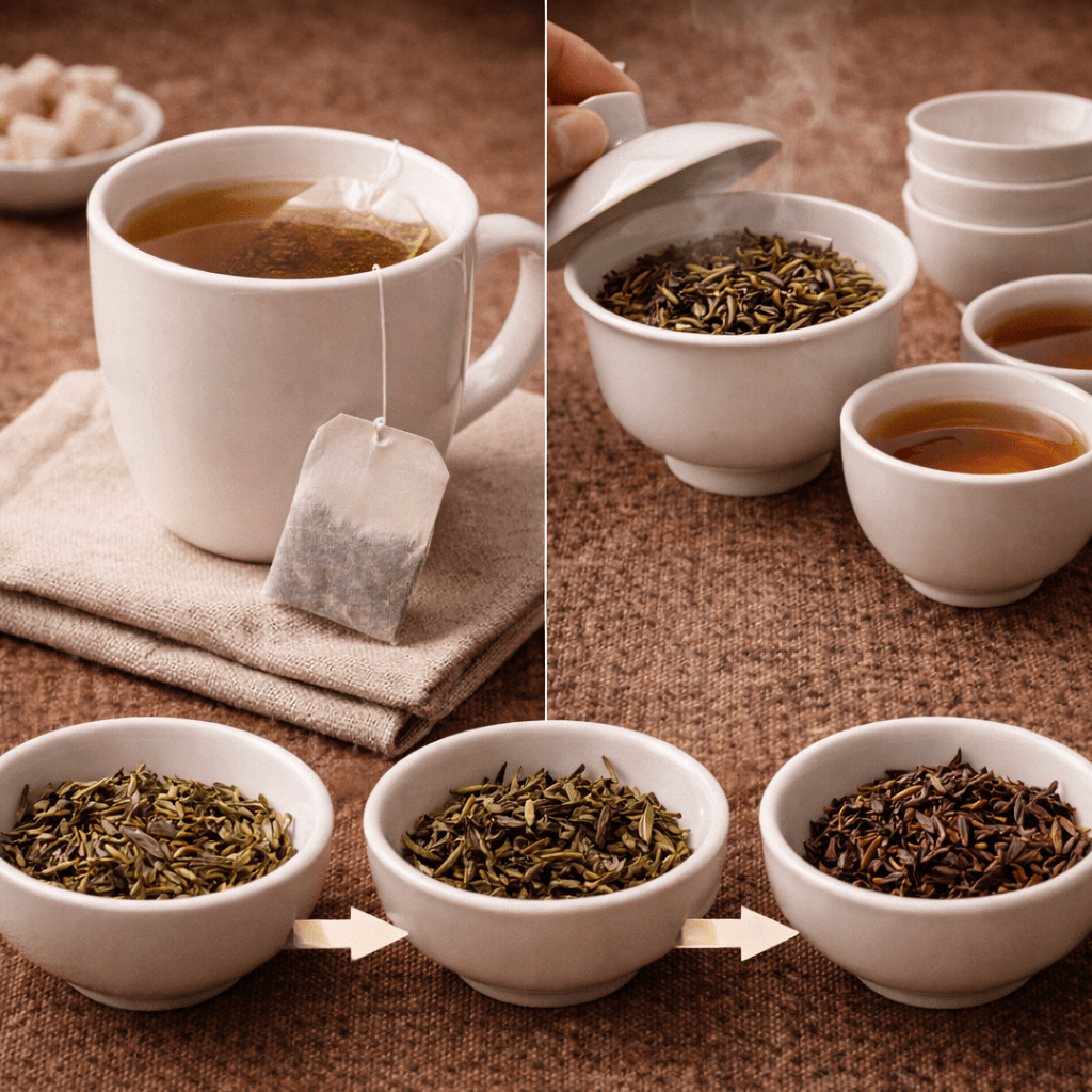 comparison of tea bag brewing and loose leaf tea showing reused tea leaves across multiple brews
