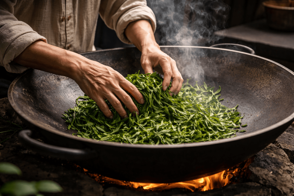 traditional wok pan firing process used to make Chinese green tea