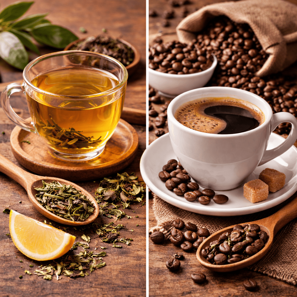 side by side comparison of green tea in glass cup and black coffee in ceramic cup with tea leaves and coffee beans
