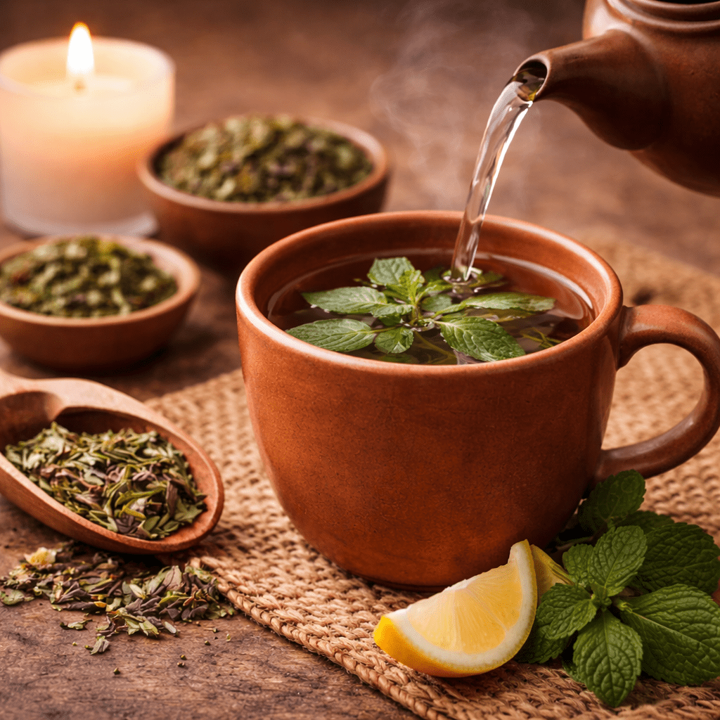 cup of peppermint herbal tea prepared in a cozy nighttime tea setting
