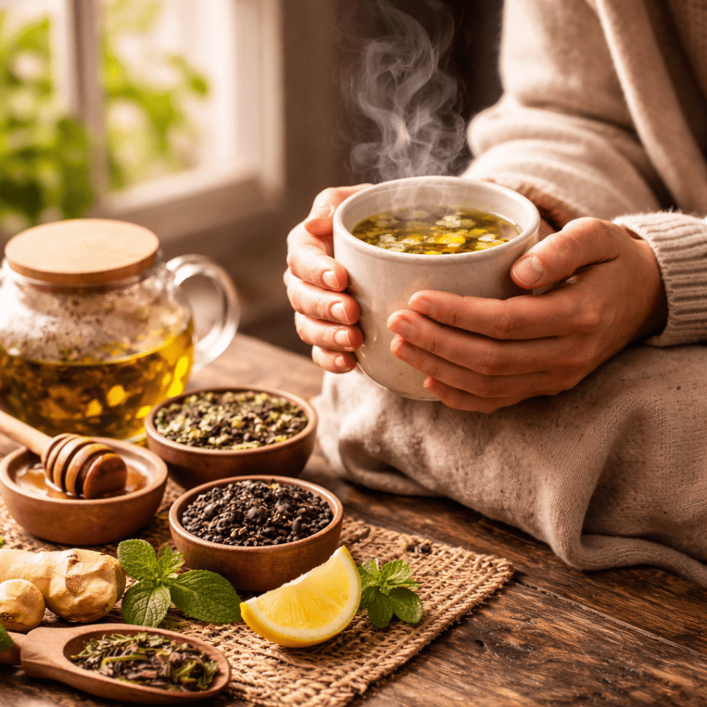 person holding a warm cup of herbal tea in a calm relaxing morning setting
