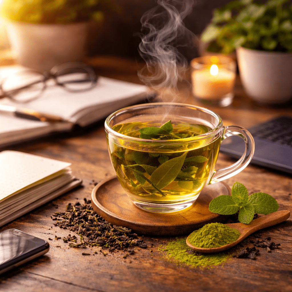 cup of green tea on a workspace desk with notebook pen and laptop symbolizing focus and productivity