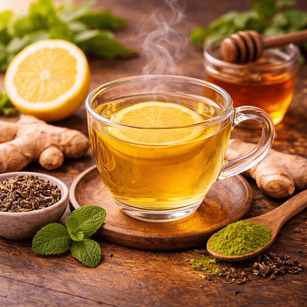lemon tea with honey ginger and green tea leaves in a warm wellness themed tea scene
