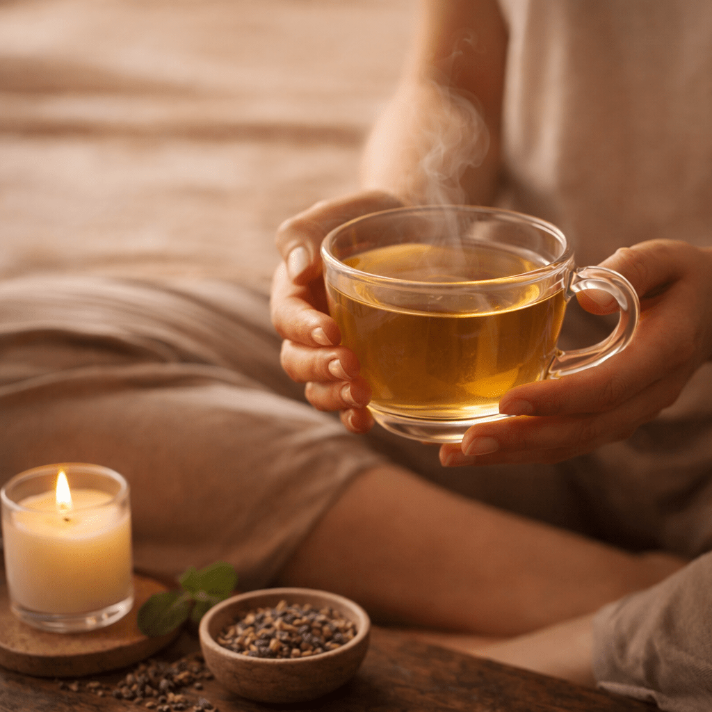person holding a warm cup of herbal tea in a calm relaxing setting