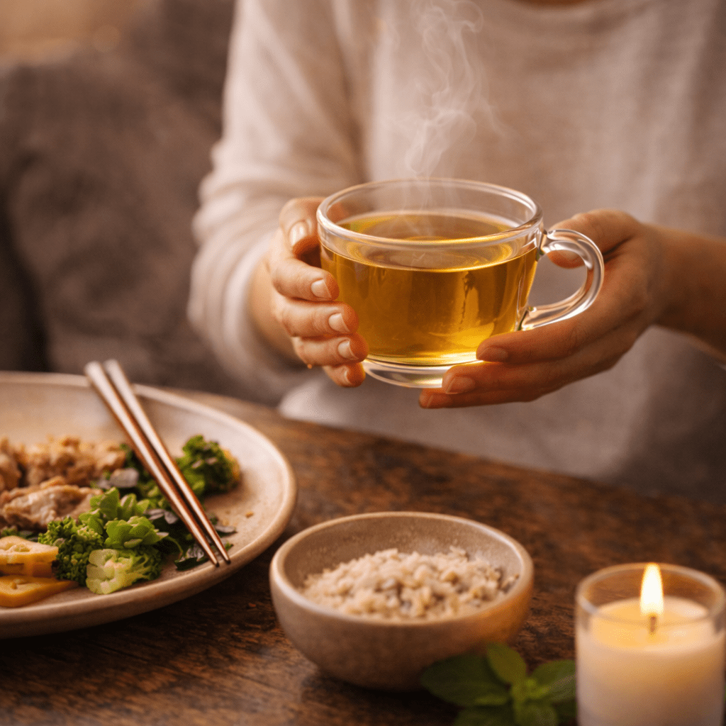 person holding warm herbal tea after a healthy meal supporting digestion