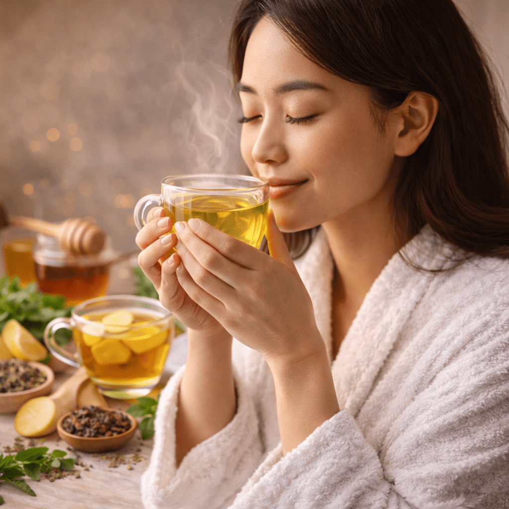 woman drinking warm herbal tea for detox and wellness routine