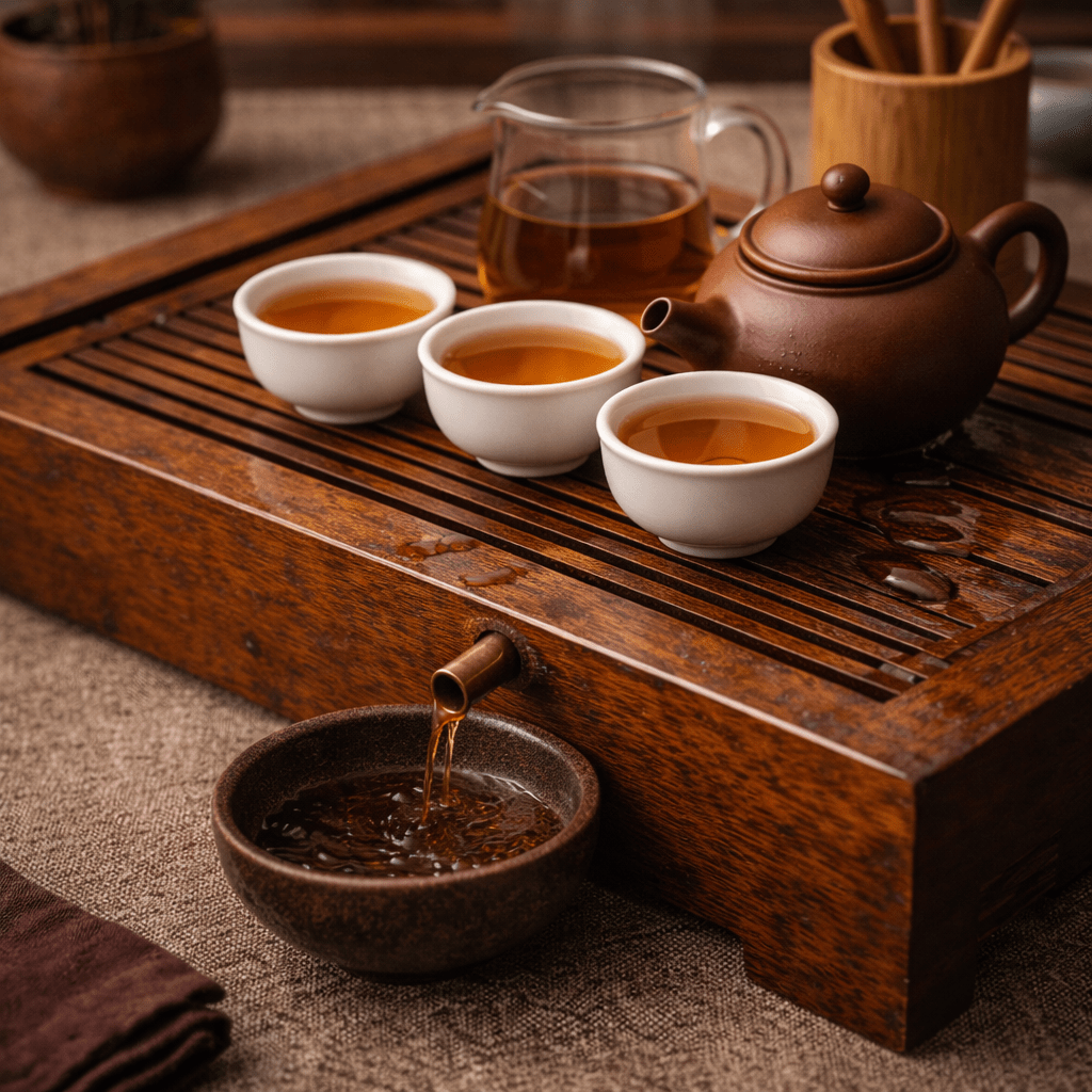 traditional chinese tea tray with drainage system used in gongfu tea brewing