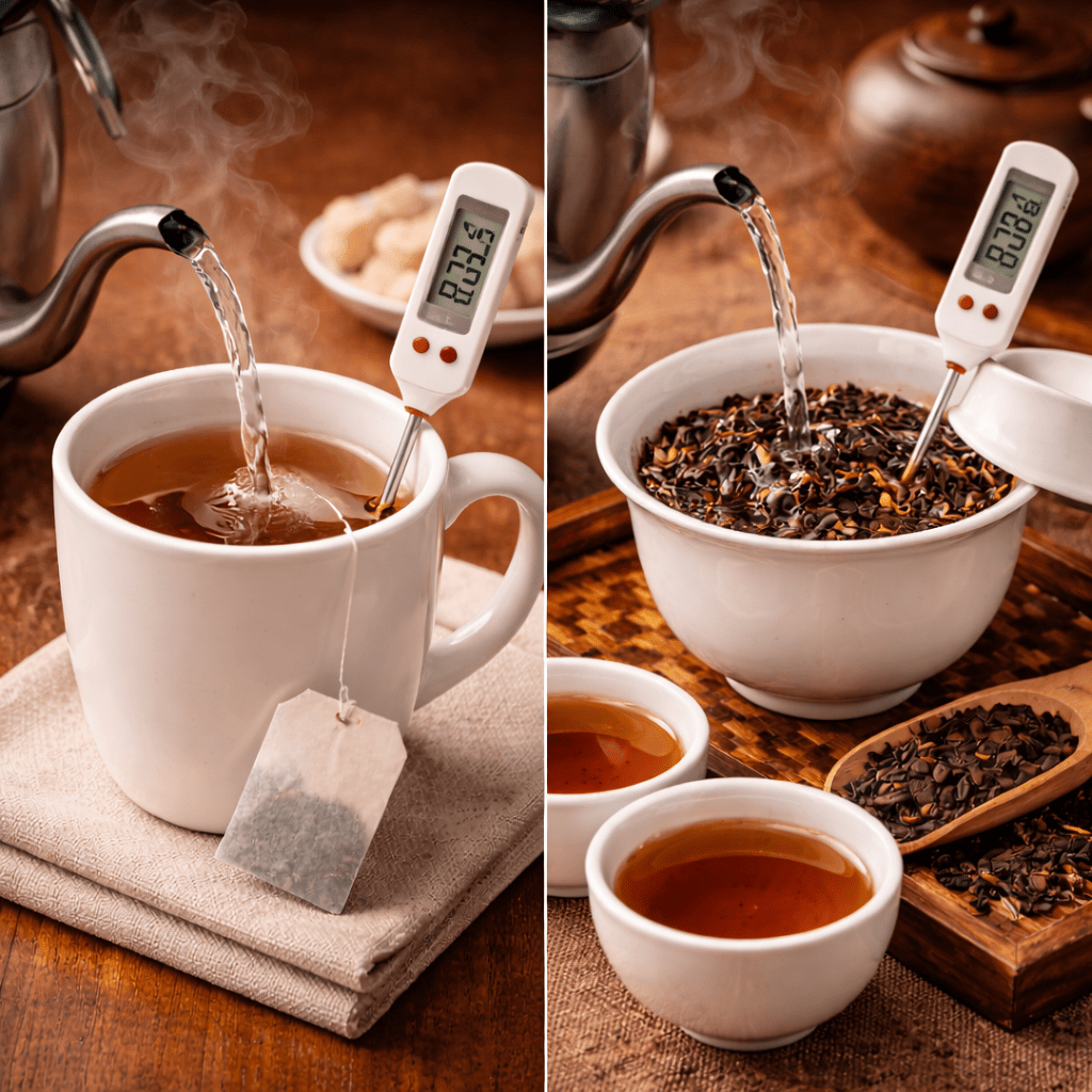 comparison of tea brewing temperatures showing tea bag in mug and loose leaf tea brewing in traditional gaiwan