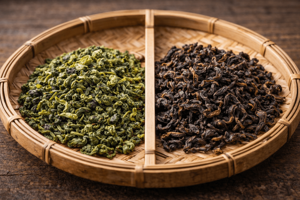 light and dark oolong tea leaves displayed side by side on a bamboo tray