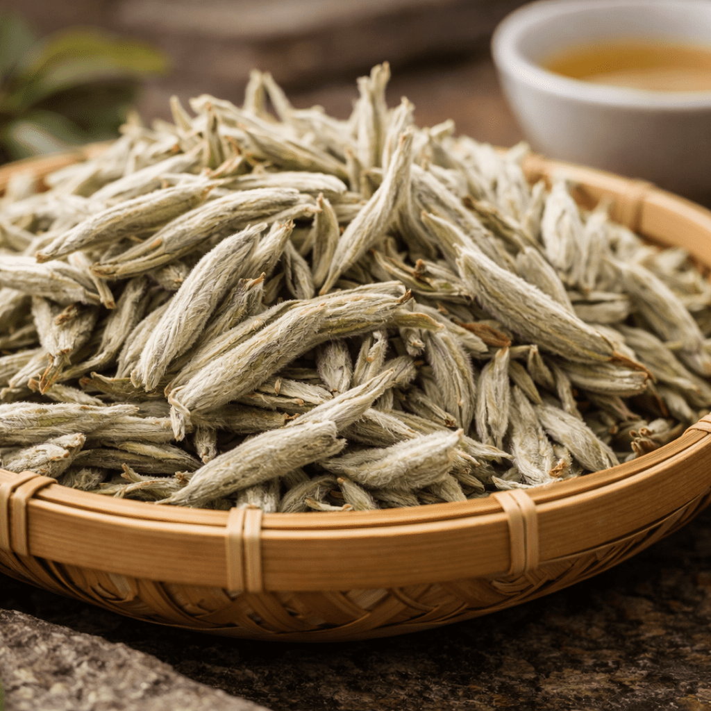 Silver Needle white tea buds displayed in a bamboo basket with their distinctive silvery hairs
