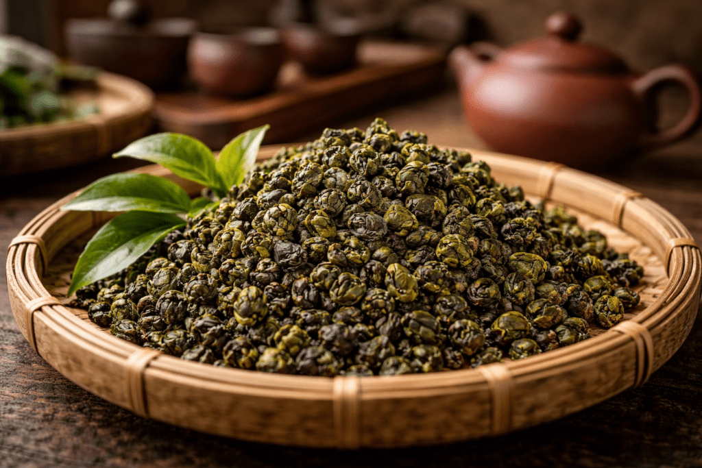 Tieguanyin oolong tea leaves in a bamboo tray with traditional Chinese teaware