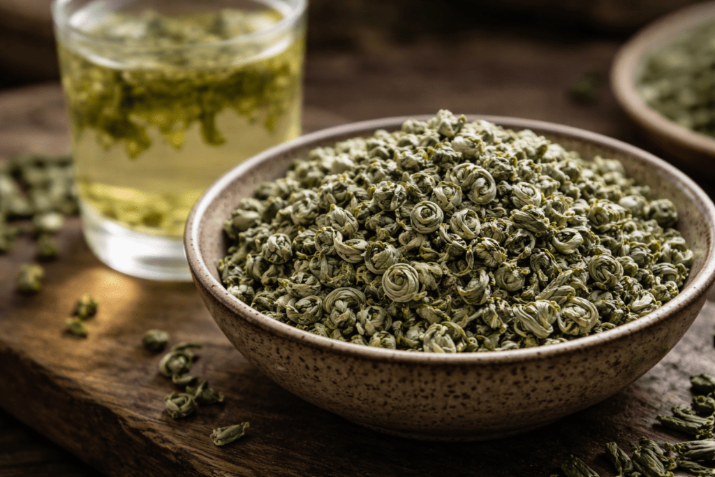 Biluochun green tea leaves with tightly curled spiral shape