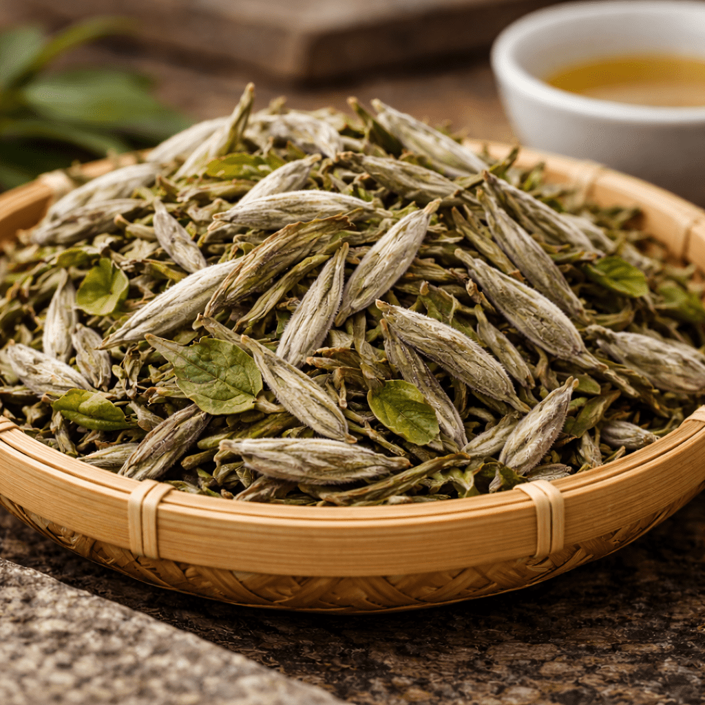 White Peony Bai Mudan white tea leaves with buds and young leaves in a bamboo tray
