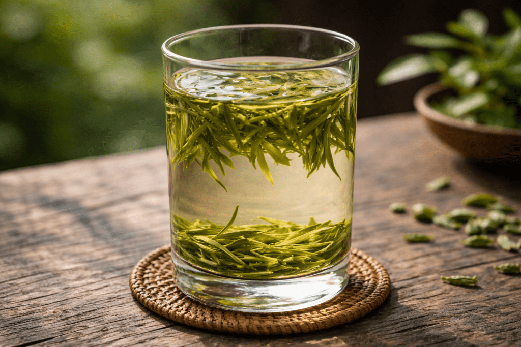 fresh green tea brewed in a clear glass cup with leaves unfolding in water