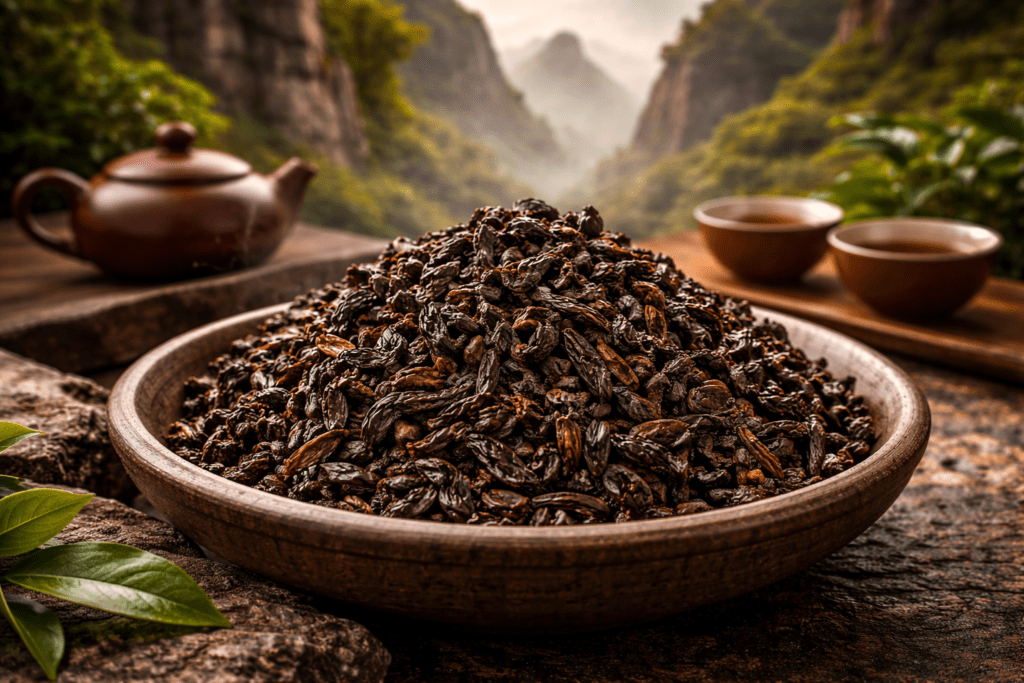 Da Hong Pao oolong tea leaves with Wuyi mountain tea scenery in background