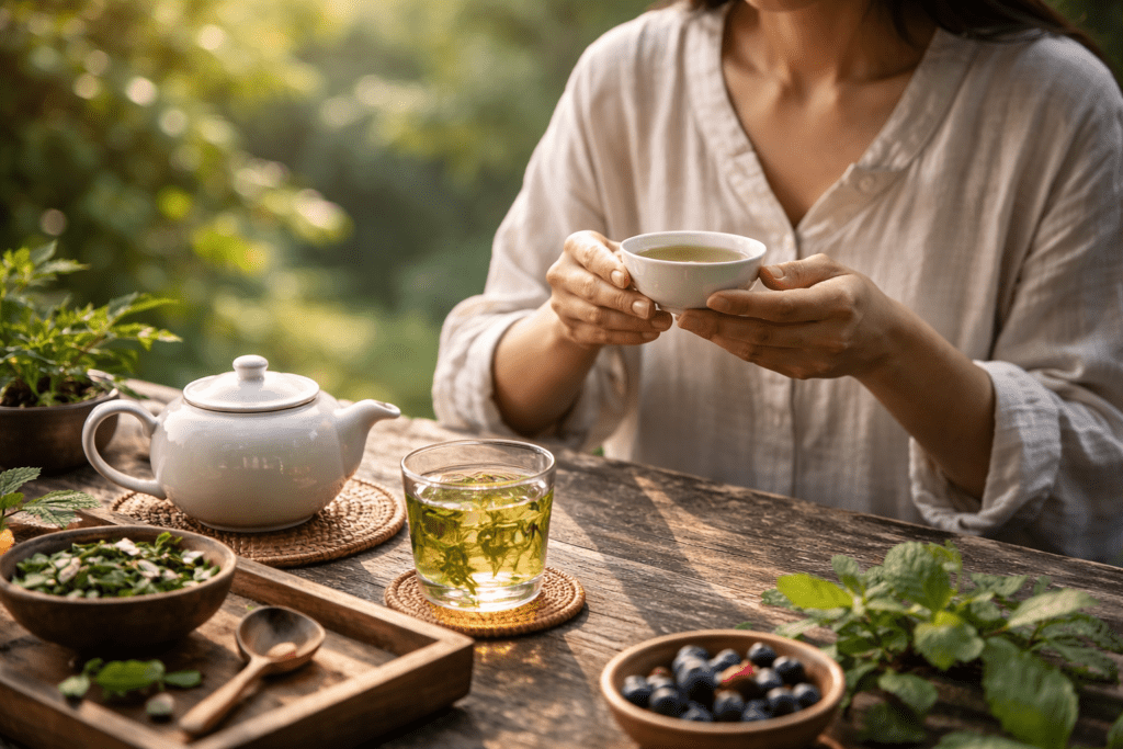 drinking green tea as part of a healthy and peaceful lifestyle
