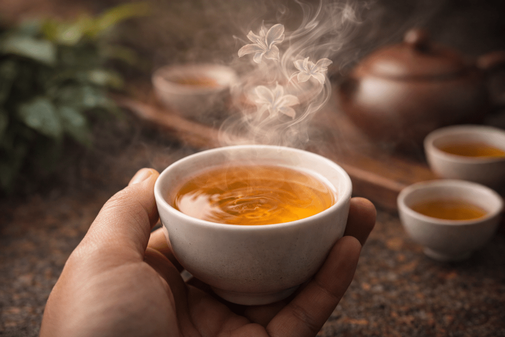 cup of oolong tea with steam rising representing floral aroma and smooth taste