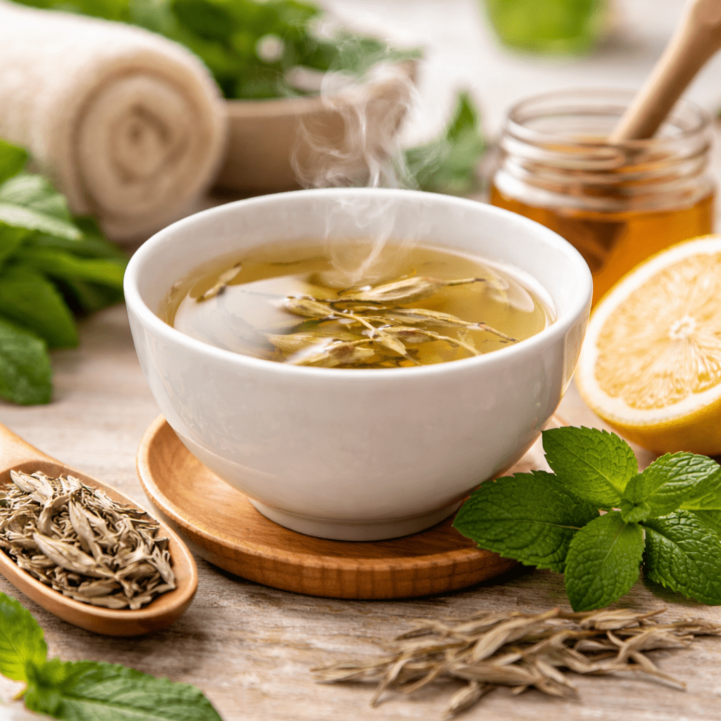freshly brewed white tea served in a ceramic cup representing a calm and healthy tea lifestyle
