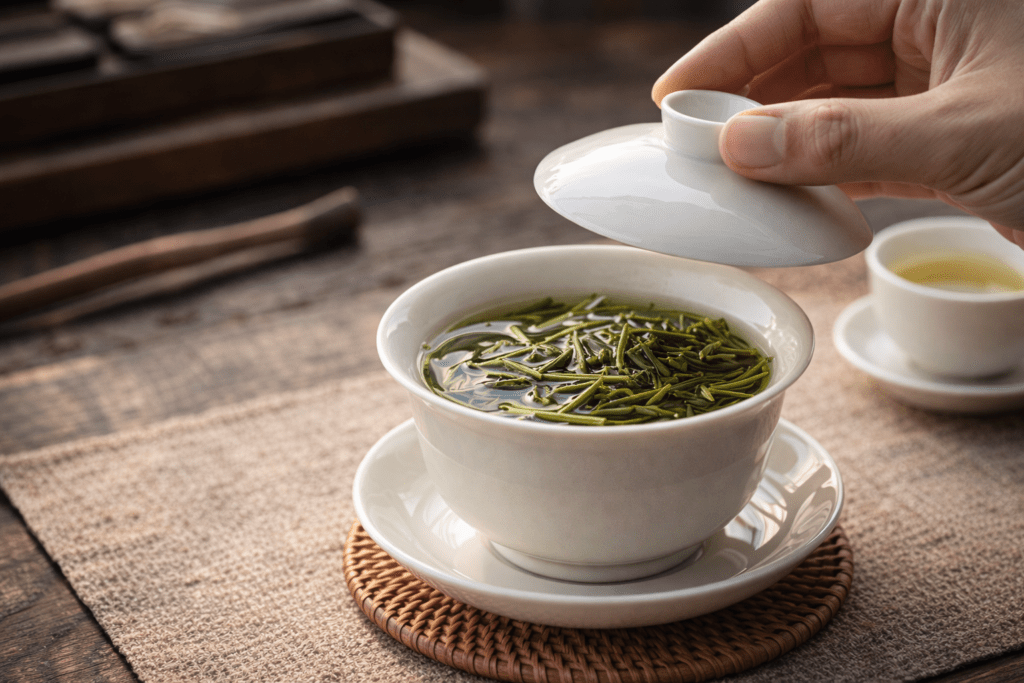 brewing green tea using a traditional gaiwan tea bowl