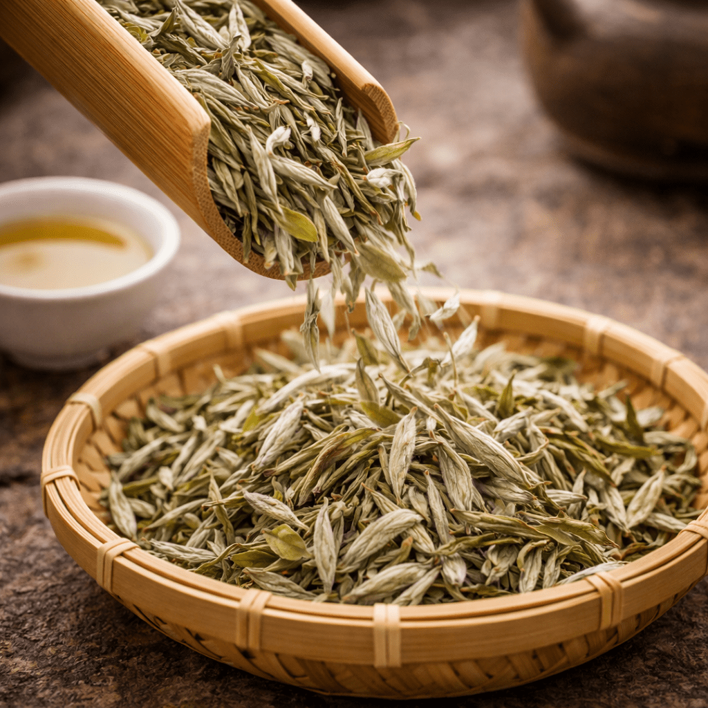 dried white tea leaves being poured from a bamboo scoop into a traditional tea basket