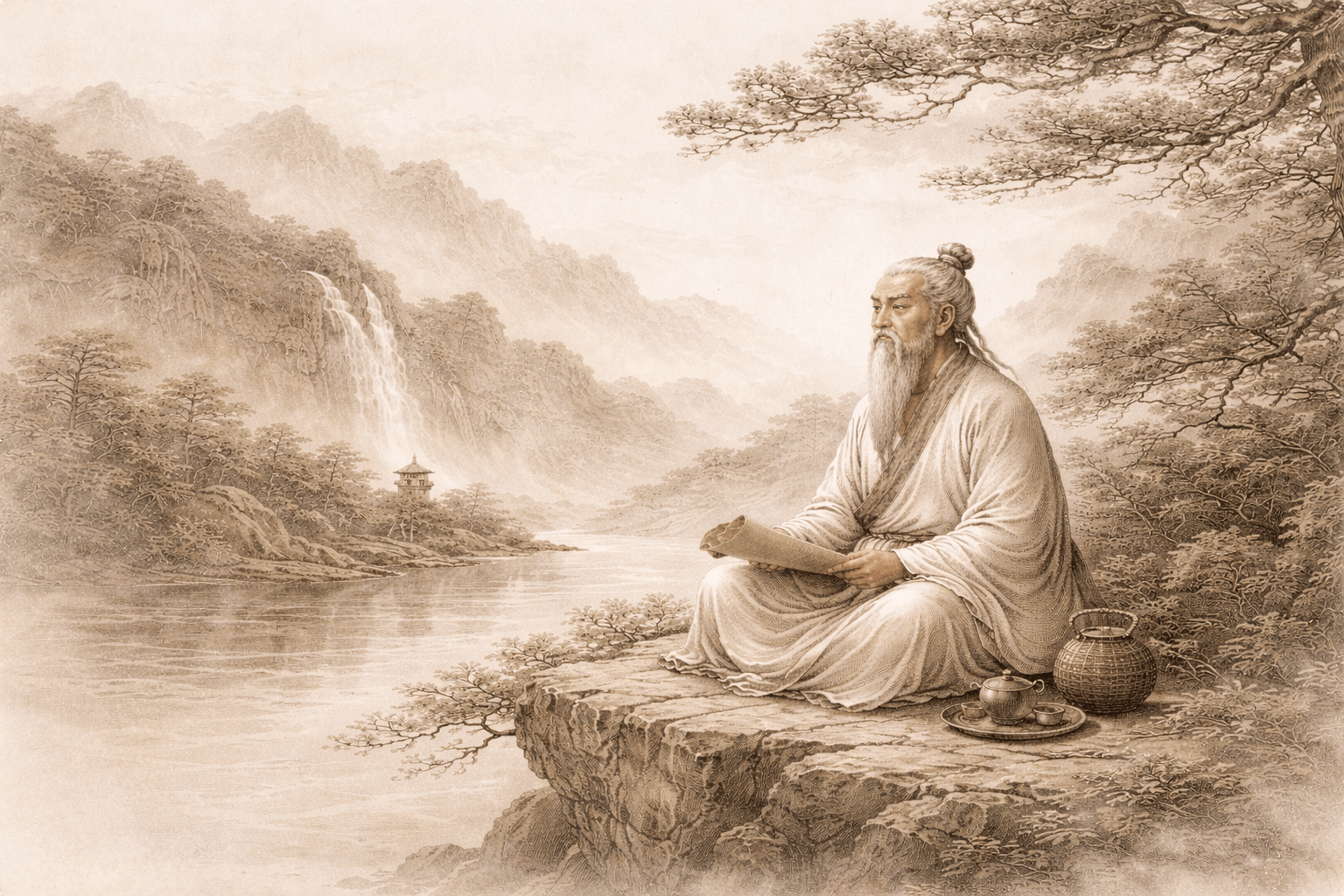 Laozi meditating in mountains, traditional Chinese ink painting