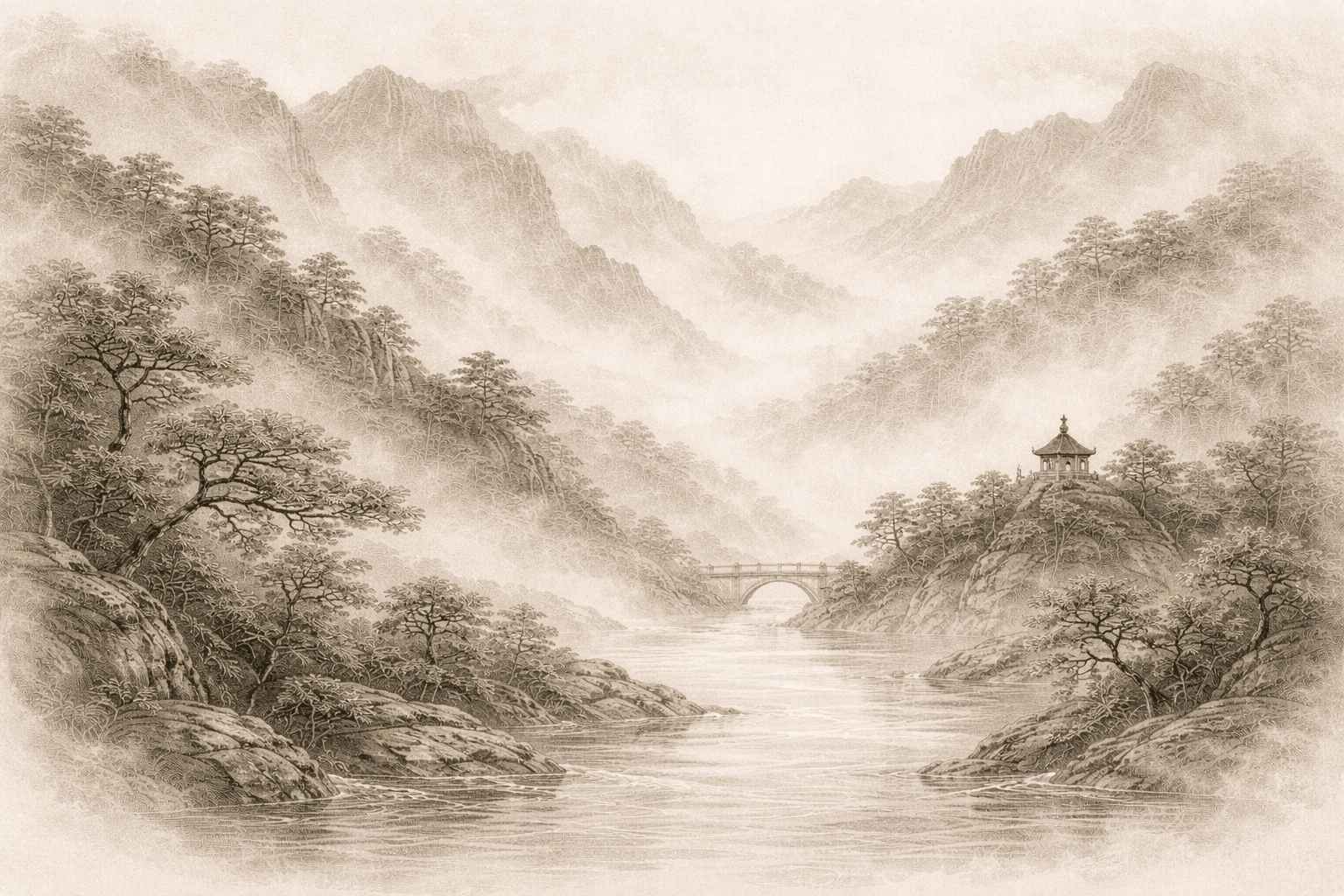 Misty Chinese ink landscape with mountains and river