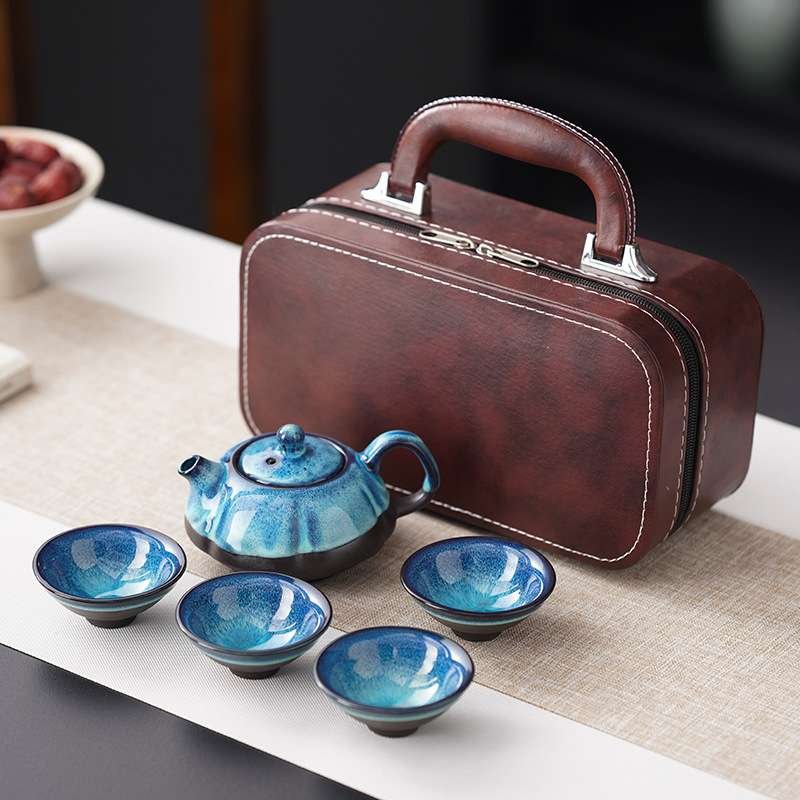 Blue Reactive Glaze Tea Set – 1 Teapot + 4 Cups + Travel Case 