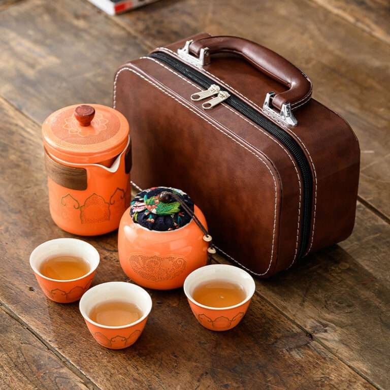 Vibrant Orange Tea Set – 1 Teapot + 3 Cups + Jar + Cloth + Case