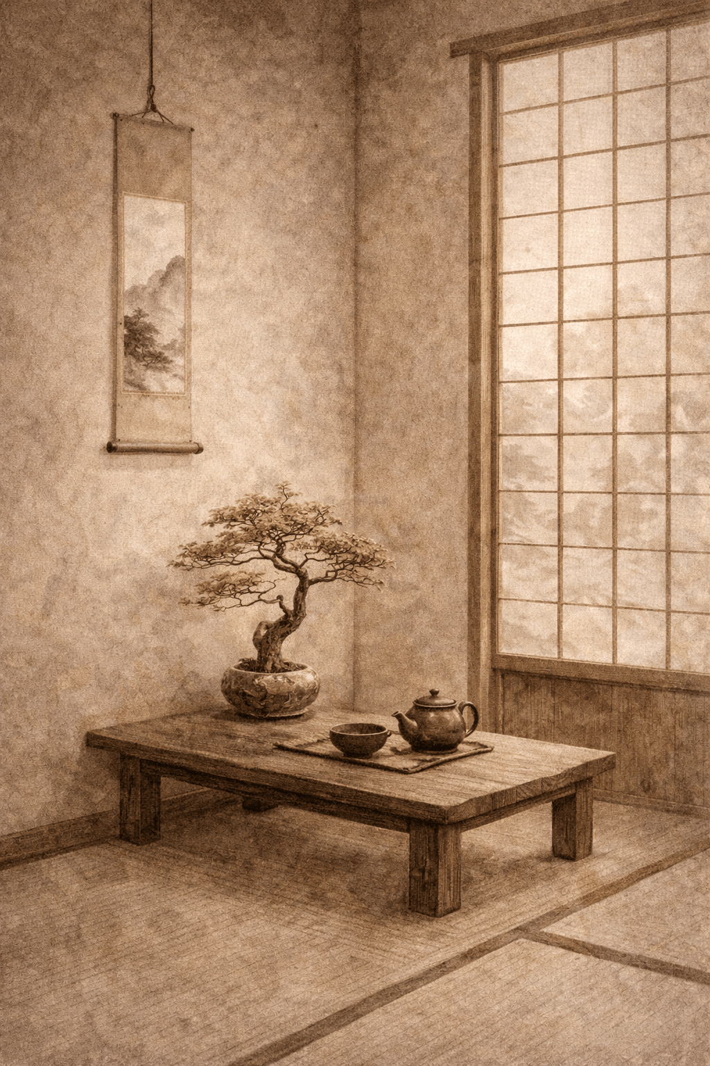 minimal zen interior corner with bonsai and tea set