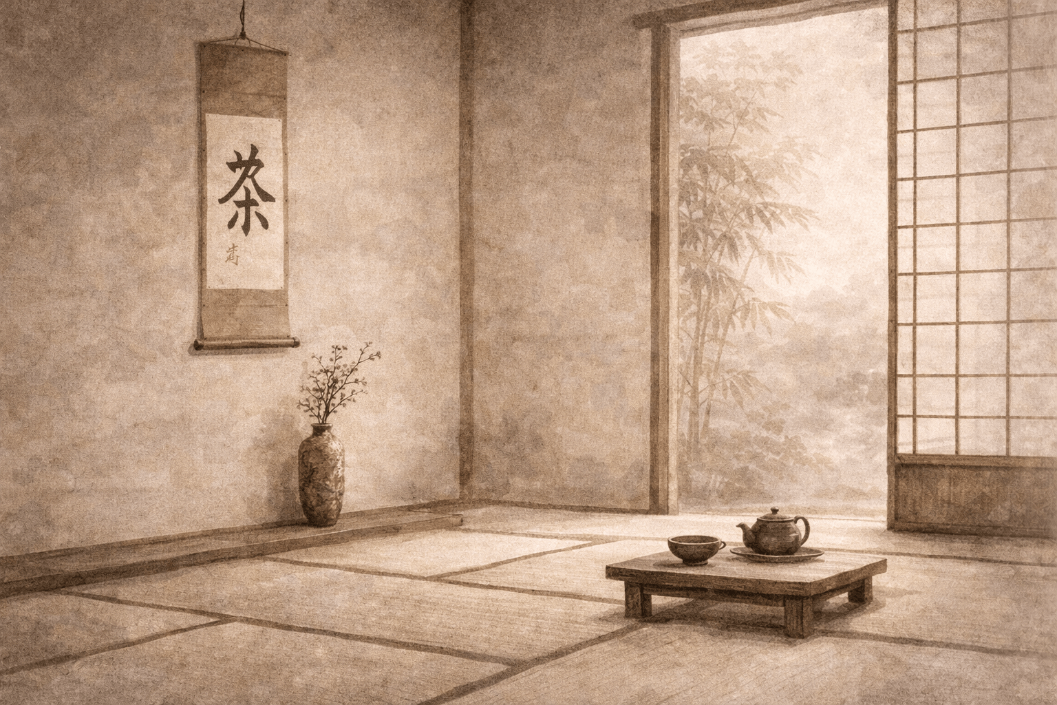minimalist zen tea room interior with tatami and tea set