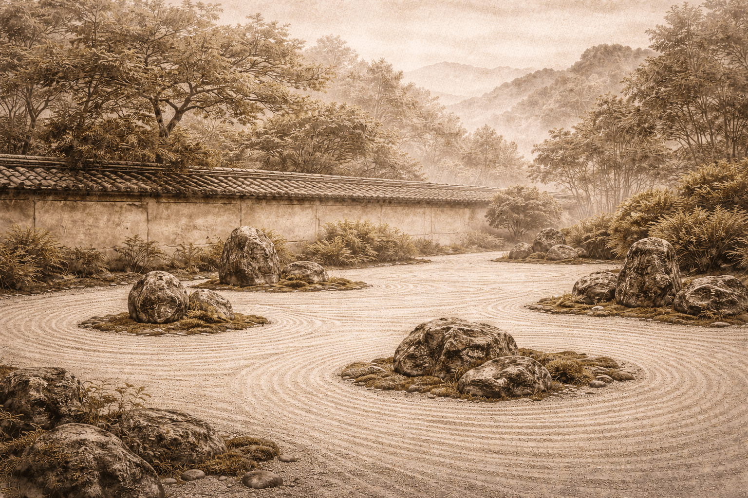 traditional japanese zen rock garden with raked sand patterns