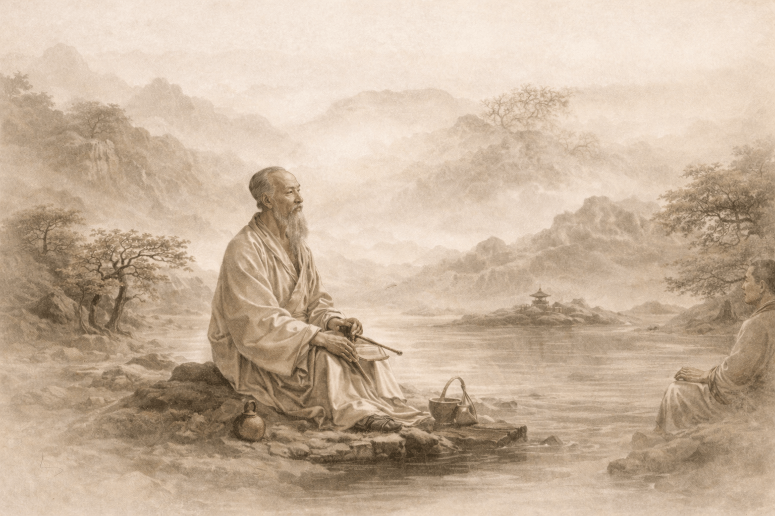 Zhuangzi by the river in traditional Chinese ink painting